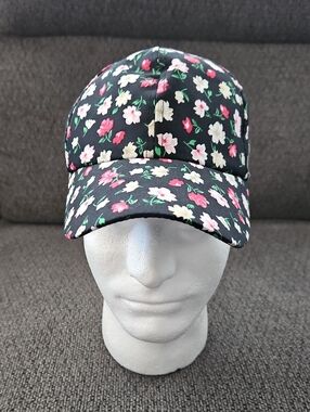His Or Hers Black Floral Baseball Cap with Pink & White Flowers